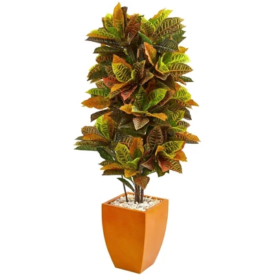 Nearly Natural 5.5-ft Croton Artificial Plant In Orange Planter (Real Touch) 1 Nearly Natural 5.5-ft Croton Artificial Plant In Orange Planter (Real Touch)