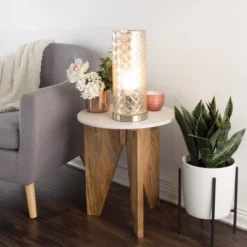 LED Uplight Table Lamp With Silver Mercury Finish, Embossed Trellis Pattern And Included LED Light Bulb For Home Uplighting By Hastings Home