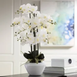Dahlia Studios Potted Faux Artificial Flowers Realistic White Phalaenopsis Orchid In White Ceramic Pot Home Decoration 29" High