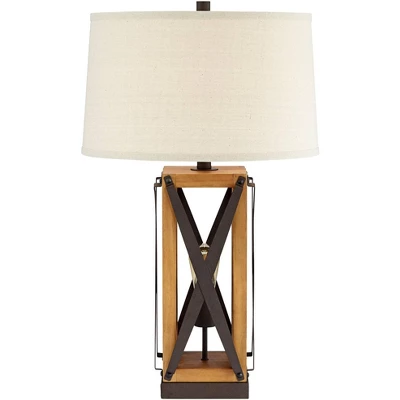 Franklin Iron Works Gaines Rustic Farmhouse Table Lamp 28 1/2" Tall Bronze Wood With LED Nightlight Off White Burlap Drum Shade For Bedroom House Home 6 Franklin Iron Works Gaines Rustic Farmhouse Table Lamp 28 1/2" Tall Bronze Wood With LED Nightlight Off White Burlap Drum Shade For Bedroom House Home - Image 6
