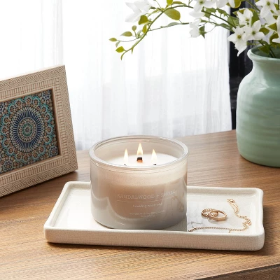 14oz Lidded Gray Glass Jar Crackling Wooden 3-Wick Candle With Clear Label Sandalwood + Smoke - Threshold™ 1 14oz Lidded Gray Glass Jar Crackling Wooden 3-Wick Candle With Clear Label Sandalwood + Smoke - Threshold™