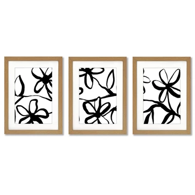 Black And White Floral Drawing By Jetty Home - 3 Piece Gallery Framed Print Art Set 1 Black And White Floral Drawing By Jetty Home - 3 Piece Gallery Framed Print Art Set