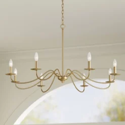 Franklin Iron Works Soft Gold Chandelier 42" Wide Farmhouse Rustic Bent Arms 8-Light Fixture For Dining Room Living House Home Foyer Kitchen Island