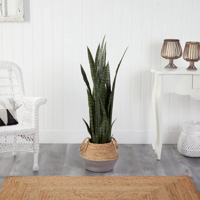 Nearly Natural 46-in Sansevieria Artificial Plant In Boho Chic Handmade Cotton & Jute Gray Woven Planter 2 Nearly Natural 46-in Sansevieria Artificial Plant In Boho Chic Handmade Cotton & Jute Gray Woven Planter - Image 2