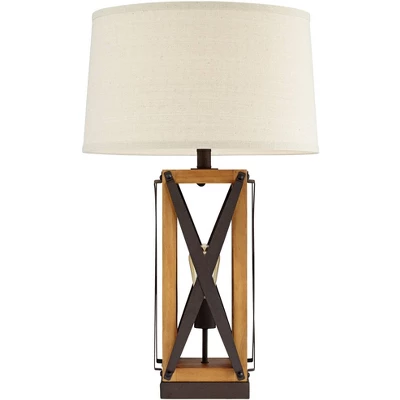 Franklin Iron Works Gaines Rustic Farmhouse Table Lamp 28 1/2" Tall Bronze Wood With LED Nightlight Off White Burlap Drum Shade For Bedroom House Home 7 Franklin Iron Works Gaines Rustic Farmhouse Table Lamp 28 1/2" Tall Bronze Wood With LED Nightlight Off White Burlap Drum Shade For Bedroom House Home - Image 7